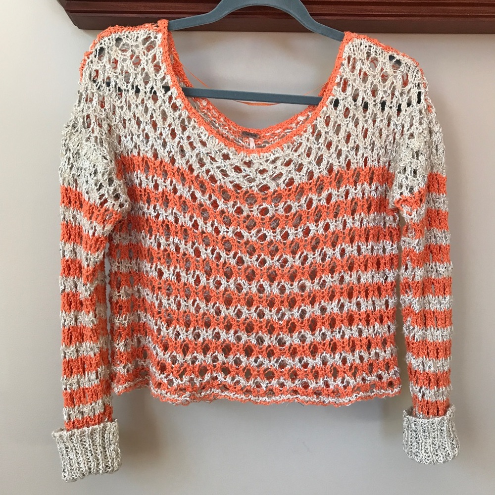 Free People Orange Pop and Cream Crochet Scoop Neck Sweater